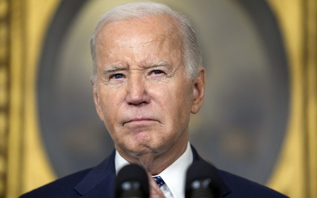 US President Joe Biden speaks in the Diplomatic Reception Room of the White House, Tuesday, Feb. 8, 2024, in Washington. (AP/Evan Vucci) US President Joe Biden speaks in the Diplomatic Reception Room of the White House, Tuesday, Feb. 8, 2024, in Washington. (AP/Evan Vucci)