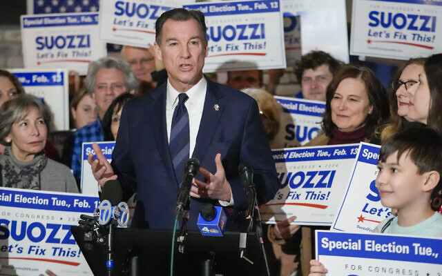 US Rep. Tom Suozzi speaks during a campaign canvass kick-off event, February 11, 2024, in Plainview, New York. (AP Photo/Mary Altaffer)