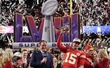 Kansas City Chiefs quarterback Patrick Mahomes (15) celebrates after the NFL Super Bowl 58 football game against the San Francisco 49ers, in Las Vegas, February 11, 2024. John Locher/AP)