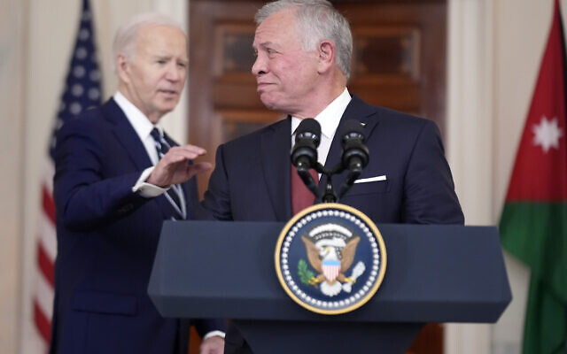 Jordan's King Abdullah II speaks as President Joe Biden listens in the Cross Hall of the White House, February 12, 2024, in Washington. (AP Photo/Andrew Harnik)