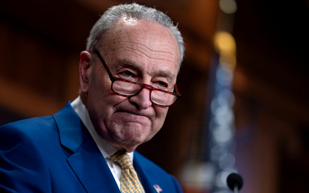 Senate Majority Leader Chuck Schumer, Democrat-New York, speaks to reporters at the Capitol in Washington, February 13, 2024. (J. Scott Applewhite/AP)