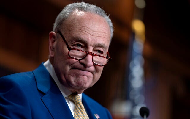 Senate Majority Leader Chuck Schumer, Democrat-New York, speaks to reporters at the Capitol in Washington, February 13, 2024. (J. Scott Applewhite/AP) Senate Majority Leader Chuck Schumer, Democrat-New York, speaks to reporters at the Capitol in Washington, February 13, 2024. (J. Scott Applewhite/AP)