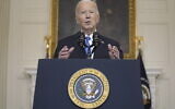 US President Joe Biden delivers remarks on a $95 billion Ukraine Israel aid package being debated in Congress, in the White House, February 13, 2024, in Washington. (AP Photo/Evan Vucci)