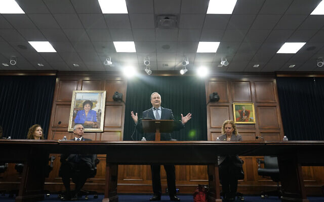 Second gentleman Doug Emhoff, center, speaks during an event on Capitol Hill in Washington, Feb. 14, 2024, to raise awareness of the sexual and gender-based violence Hamas perpetrated against women and children in Israel on and since October 7. (AP Photo/Susan Walsh)