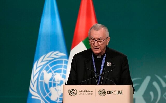 Vatican secretary of state, Cardinal Pietro Parolin, speaks during a plenary session at the COP28 UN Climate Summit, Saturday, Dec. 2, 2023, in Dubai, United Arab Emirates.(AP Photo/Rafiq Maqbool, File) Vatican secretary of state, Cardinal Pietro Parolin, speaks during a plenary session at the COP28 UN Climate Summit, Saturday, Dec. 2, 2023, in Dubai, United Arab Emirates.(AP Photo/Rafiq Maqbool, File)