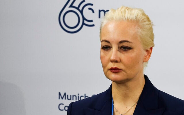Yulia Navalnaya, wife of Russian opposition leader Alexei Navalny, reacts as she speaks during the Munich Security Conference, in Munich, Germany, Friday, Feb. 16, 2024. (Kai Pfaffenbach/Pool Photo via AP)