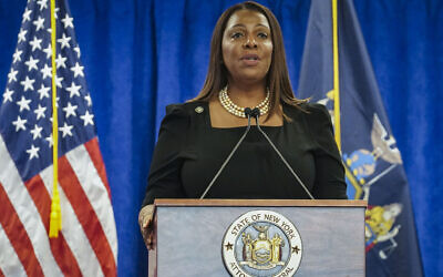 New York Attorney General Letitia James speaks during a press briefing, February 16, 2024, in New York. (AP Photo/Bebeto Matthews)