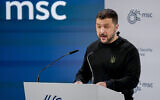 Ukrainian President Volodymyr Zelensky delivers a speech at the Munich Security Conference at the Bayerischer Hof Hotel in Munich, Germany, Saturday, February 17, 2024. (AP Photo/Matthias Schrader)