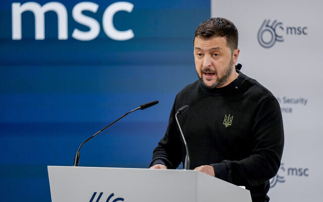 Ukrainian President Volodymyr Zelensky delivers a speech at the Munich Security Conference at the Bayerischer Hof Hotel in Munich, Germany, Saturday, February 17, 2024. (AP Photo/Matthias Schrader) Ukrainian President Volodymyr Zelensky delivers a speech at the Munich Security Conference at the Bayerischer Hof Hotel in Munich, Germany, Saturday, February 17, 2024. (AP Photo/Matthias Schrader)