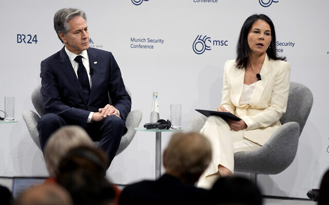US Secretary of State Antony Blinken, left, and German Foreign Minister Annalena Baerbock attend a panel at the Munich Security Conference at the Bayerischer Hof Hotel in Munich, Germany, Saturday, Feb. 17, 2024. (AP Photo/Matthias Schrader) US Secretary of State Antony Blinken, left, and German Foreign Minister Annalena Baerbock attend a panel at the Munich Security Conference at the Bayerischer Hof Hotel in Munich, Germany, Saturday, Feb. 17, 2024. (AP Photo/Matthias Schrader)