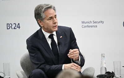 US Secretary of State Antony Blinken takes part in a panel discussion at the Munich Security Conference (MSC) in Munich, Germany, Saturday Feb. 17, 2024. (Thomas Kienzle/Pool via AP)