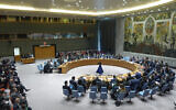The UN Security Council meets before voting on a resolution concerning a ceasefire in Gaza at United Nations headquarters, February 20, 2024. (AP/Seth Wenig)