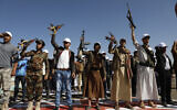 Newly recruited Houthi fighters attend a protest march against the US-led strikes on Yemen and Israel's war against Hamas in the Gaza Strip, February 21, 2024, in Sanaa, Yemen. (AP Photo/Osamah Abdulrahman)