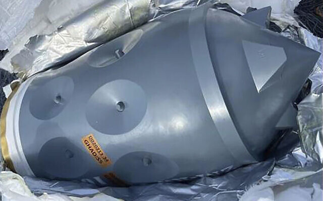 This image released by the U.S. Department of Justice in an FBI affidavit filed in US District Court, Alexandria, Va., shows what is described as an Iranian-made warhead bound for Yemen's Houthi, seized off a vessel in the Arabian Sea. Four foreign nationals were charged Thursday, Feb. 22, 2024, with transporting suspected Iranian-made weapons on a vessel intercepted by US naval forces in the Arabian Sea the previous month. Two Navy SEALs died during the mission. (US Department of Justice via AP, File) This image released by the U.S. Department of Justice in an FBI affidavit filed in US District Court, Alexandria, Va., shows what is described as an Iranian-made warhead bound for Yemen's Houthi, seized off a vessel in the Arabian Sea. Four foreign nationals were charged Thursday, Feb. 22, 2024, with transporting suspected Iranian-made weapons on a vessel intercepted by US naval forces in the Arabian Sea the previous month. Two Navy SEALs died during the mission. (US Department of Justice via AP, File)