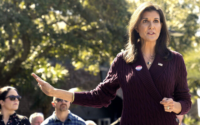 Republican presidential candidate Nikki Haley gestures as she speaks with reporters after casting her vote in South Carolina's Republican presidential primary on February 24, 2024, on Kiawah Island, South Carolina. (AP Photo/Meg Kinnard) Republican presidential candidate Nikki Haley gestures as she speaks with reporters after casting her vote in South Carolina's Republican presidential primary on February 24, 2024, on Kiawah Island, South Carolina. (AP Photo/Meg Kinnard)