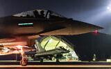 In this photo provided by Britain's Ministry of Defense, a Royal Air Force Typhoon aircraft prepares to take off, along with others, to conduct further strikes against Houthi targets in Yemen, February 24, 2024. (Cpl. Tim Laurence/RAF/UK Ministry of Defense via AP)