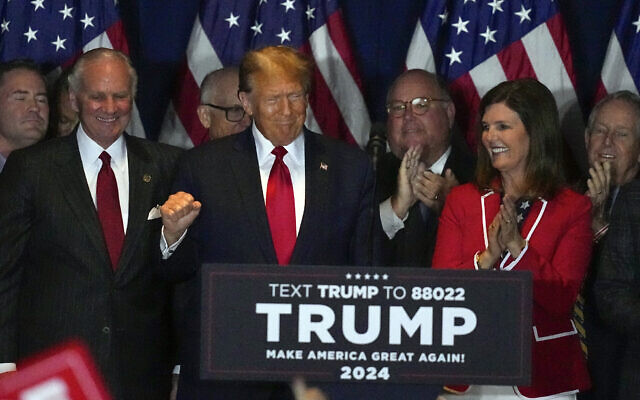 Republican presidential candidate Donald Trump speaks at a primary election night party at the South Carolina State Fairgrounds in Columbia, South Carolina, February 24, 2024. (AP Photo/Mike Stewart) Republican presidential candidate Donald Trump speaks at a primary election night party at the South Carolina State Fairgrounds in Columbia, South Carolina, February 24, 2024. (AP Photo/Mike Stewart)