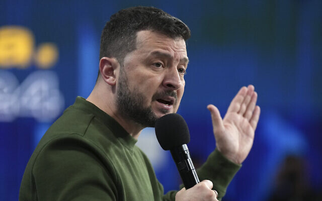 Ukrainian President Volodymyr Zelensky answers media questions during his press conference in Kyiv, Ukraine, Sunday February 25, 2024. (AP Photo/Evgeniy Maloletka) Ukrainian President Volodymyr Zelensky answers media questions during his press conference in Kyiv, Ukraine, Sunday February 25, 2024. (AP Photo/Evgeniy Maloletka)