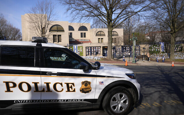 A US Secret Service police vehicle is parked outside of the Israeli embassy, on February 26, 2024, in Washington. (AP Photo/Mark Schiefelbein) A US Secret Service police vehicle is parked outside of the Israeli embassy, on February 26, 2024, in Washington. (AP Photo/Mark Schiefelbein)