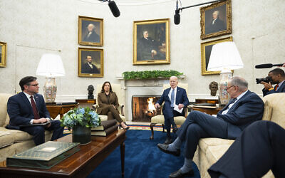 US President Joe Biden (2nd right) speaks during a meeting with Congressional leaders in the Oval Office of the White House, in Washington, February 27, 2024. From left, Speaker of the House Mike Johnson, of Louisiana, US Vice President Kamala Harris, Biden, and Senate Majority Leader Sen. Chuck Schumer of New York. (Evan Vucci/AP)