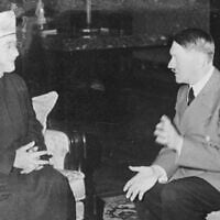 Haj Amin al-Husseini, Grand Mufti of Jerusalem and Chairman of the Supreme Islamic Council, with German dictator Adolf Hitler in 1941. (German Federal Archive via Wikimedia Commons)