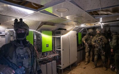 An electrical room serving an underground Hamas data center, beneath the UNRWA headquarters, uncovered by the IDF in Gaza City, February 8, 2024. (Emanuel Fabian/Times of Israel)