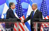 File - Prime Minister Benjamin Netanyahu and US Secretary of State Antony Blinken give a press statement after their meeting at the Prime Minister's Office in Jerusalem, on January 30, 2023. (Yoav Ari Dudkevitch/POOL)