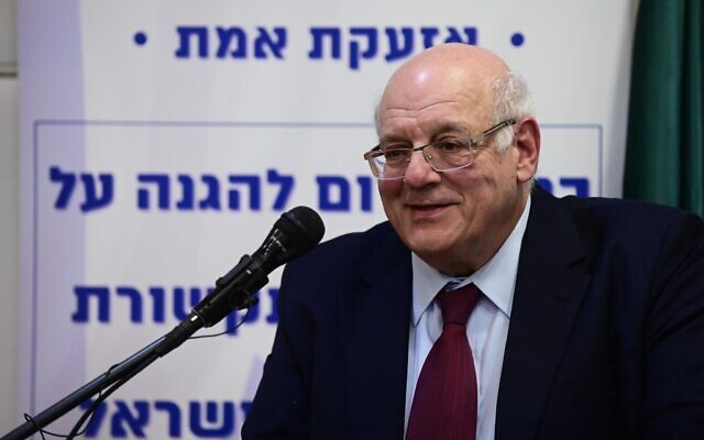 Former Supreme Court Justice Hanan Melcer speaks at a press conference for media freedom in Israel, at Bar Ilan university, February 26, 2023 (Tomer Neuberg/Flash90) Former Supreme Court Justice Hanan Melcer speaks at a press conference for media freedom in Israel, at Bar Ilan university, February 26, 2023 (Tomer Neuberg/Flash90)