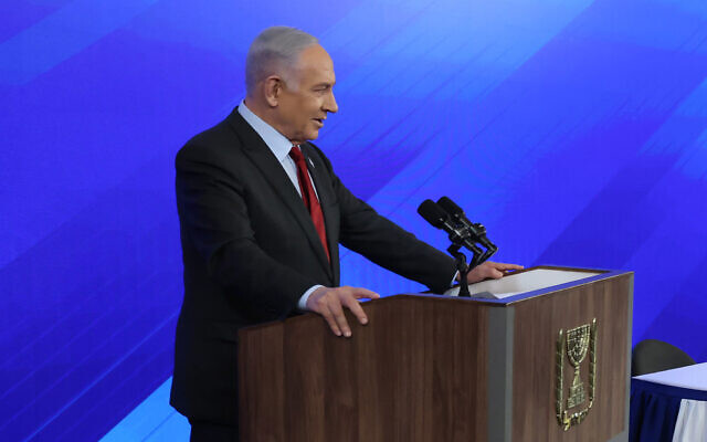 Prime Minister Benjamin Netanyahu speaks during a press conference at the Ministry of Defense in Tel Aviv on January 18, 2024. (Tomer Appelbaum/POOL) Prime Minister Benjamin Netanyahu speaks during a press conference at the Ministry of Defense in Tel Aviv on January 18, 2024. (Tomer Appelbaum/POOL)