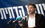 Finance Minister Bezalel Smotrich leads a faction meeting at the Knesset, Jerusalem, January 29, 2024. (Yonatan Sindel/Flash90)