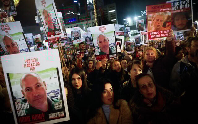 Israelis attend a rally calling for the release of hostages held by Hamas terrorists in Gaza, at Hostages Square in Tel Aviv, February 3, 2024. (Miriam Alster/Flash90) Israelis attend a rally calling for the release of hostages held by Hamas terrorists in Gaza, at Hostages Square in Tel Aviv, February 3, 2024. (Miriam Alster/Flash90)