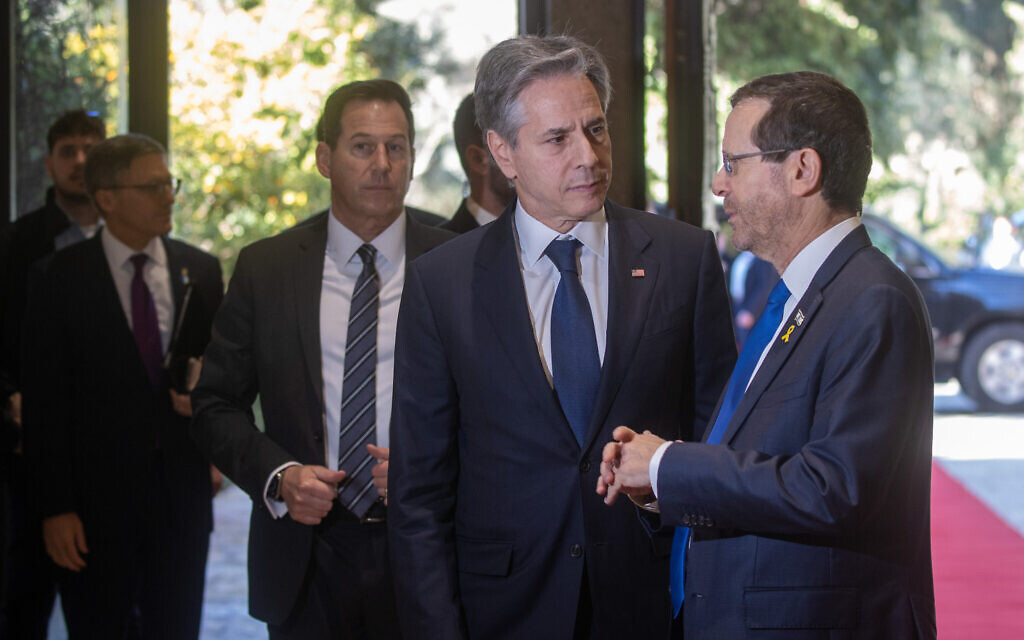 File: Israeli President Isaac Herzog meets with US Secretary of State Antony Blinken at the President's Residence in Jerusalem, February 7, 2024. (Oren Ben Hakoon/Pool)