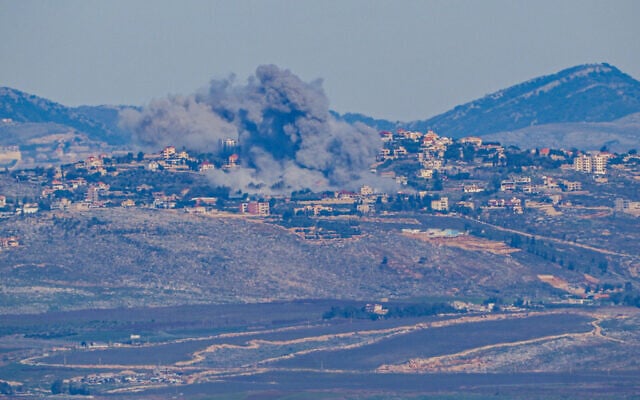 Smoke rises after an Israeli air strike in southern Lebanon, as seen from the Israeli side of the border, February 8, 2024. (Ayal Margolin/Flash90) Smoke rises after an Israeli air strike in southern Lebanon, as seen from the Israeli side of the border, February 8, 2024. (Ayal Margolin/Flash90)