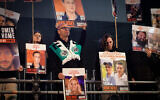 Families and supporters of Israelis held kidnapped by Hamas terrorists in Gaza attend a rally calling for the release of the captives, at Hostages Square in Tel Aviv, February 10, 2024. (Avshalom Sassoni/ Flash90)