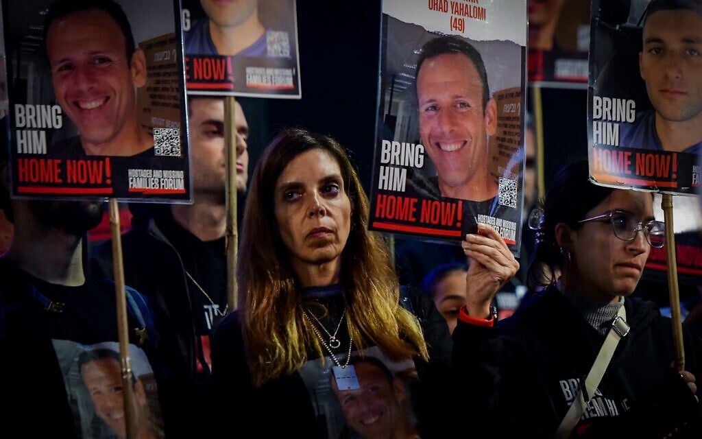 Relatives of hostages and supporters attend a rally calling for the release of the abductees held by Hamas in Gaza, at Hostages Square in Tel Aviv, February 10, 2024. (Avshalom Sassoni/ Flash90)
