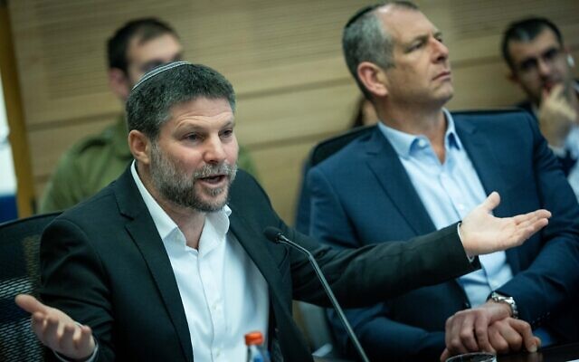 Finance Minister Bezalel Smotrich attends a Finance Committee meeting at the Knesset on February 12, 2024 (Yonatan Sindel/Flash90) Finance Minister Bezalel Smotrich attends a Finance Committee meeting at the Knesset on February 12, 2024 (Yonatan Sindel/Flash90)