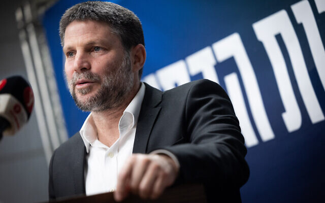 Finance Minister and head of the Religious Zionist party Bezalel Smotrich leads a faction meeting at the Knesset in Jerusalem, February 12, 2024. (Yonatan Sindel/Flash90) Finance Minister and head of the Religious Zionist party Bezalel Smotrich leads a faction meeting at the Knesset in Jerusalem, February 12, 2024. (Yonatan Sindel/Flash90)