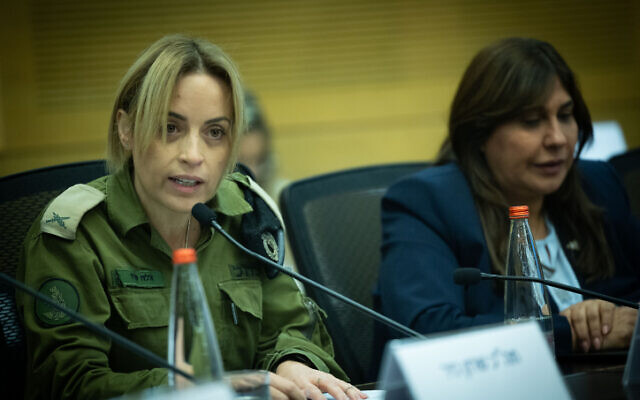 Brig. Gen. Ella Shedo Shechtman, the IDF's gender affairs adviser, speaks at a Knesset conference on women's heroism on February 13, 2024. (Yonatan Sindel/Flash90) Brig. Gen. Ella Shedo Shechtman, the IDF's gender affairs adviser, speaks at a Knesset conference on women's heroism on February 13, 2024. (Yonatan Sindel/Flash90)