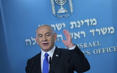Prime Minister Benjamin Netanyahu holds a press conference at his office in Jerusalem on February 17, 2024. (Yonatan Sindel/Flash90)