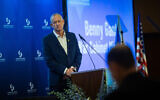 War cabinet minister Benny Gantz speaks at a gathering of the Conference of Presidents of Major American Jewish Organizations, in Jerusalem on February 18, 2024 (Yonatan Sindel/Flash90)