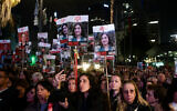 Protesters demonstrate for the release of hostages held by Hamas terrorists in Gaza at Hostages Square in Tel Aviv, February 24, 2024. (Avshalom Sassoni/Flash90)