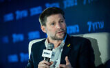 Minister of Finance and Religious Zionist party chairman Bezalel Smotrich at the annual conference of the 'Besheva' group in Jerusalem, February 25, 2024. (Yonatan Sindel/Flash90)