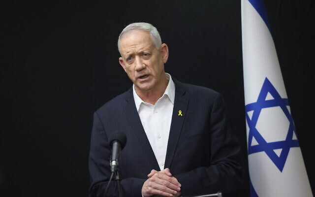 War cabinet Minister Benny Gantz speaks at a National Unity faction meeting at the Knesset in Jerusalem on February 26, 2024. (Chaim Goldberg/FLASH90) War cabinet Minister Benny Gantz speaks at a National Unity faction meeting at the Knesset in Jerusalem on February 26, 2024. (Chaim Goldberg/FLASH90)