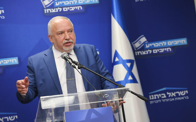 Yisrael Beytenu party head MK Avigdor Liberman leads a faction meeting at the Knesset in Jerusalem, on February 26, 2024. (Chaim Goldbergl/Flash90) Yisrael Beytenu party head MK Avigdor Liberman leads a faction meeting at the Knesset in Jerusalem, on February 26, 2024. (Chaim Goldbergl/Flash90)