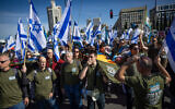 Protesters demanding ultra-Orthodox military conscription demonstrate outside the Supreme Court in Jerusalem, February 26, 2024. (Yonatan Sindel/Flash90)