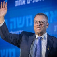 Jerusalem Mayor Moshe Lion delivers a victory speech early on February 28, 2024 after securing reelection (Chaim Goldberg/Flash90)