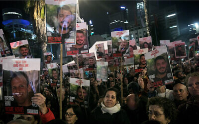 Israelis attend a rally calling for the release of Israelis kidnapped and held by Hamas terrorists in Gaza, at Hostages Square in Tel Aviv, February 3, 2024. (Miriam Alster/ Flash90)