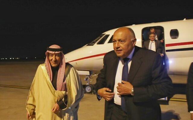 Egyptian Foreign Minister Sameh Shoukry arrives in Riyadh for an Arab summit on the Gaza war on February 8, 2024. (Saudi Arabia's foreign ministry/X) Egyptian Foreign Minister Sameh Shoukry arrives in Riyadh for an Arab summit on the Gaza war on February 8, 2024. (Saudi Arabia's foreign ministry/X)