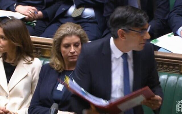 British House of Commons Leader Penny Mordaunt wears dog tags to identify with hostages held by Hamas in Gaza (Israel Embassy London)