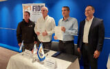 From left: FIDF national director Nadav Padan, FIDF chairperson Morey Levovitz, Sheba Medical Center director-general Prof. Yitshak Kreiss, and Itamar Graff of the Defense Ministry at ceremony announcing a major FIDF donation to Sheba to expand its mental healthcare capacity by 50%, including at Beit Halochem locations. February 1, 2024. (Courtesy of Sheba Medical Center)